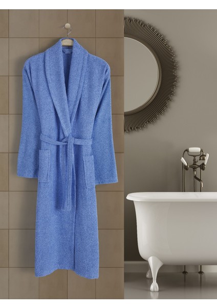 Mavi Büyük Beden Şalyaka Cepli Bornoz Pamuklu Hamam Sauna Banyo Battal Kadın Erkek Unisex 3xl 4xl Bornoz