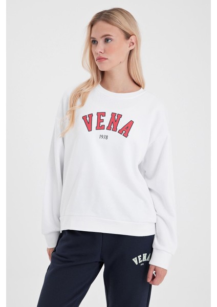 Kadın Bisiklet Yaka Beyaz Logo Baskılı Pamuklu Sweatshirt