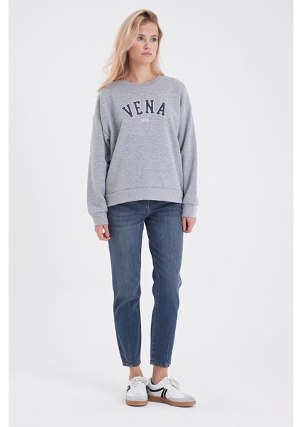 Kadın Bisiklet Yaka Gri Melanj Logo Baskılı Pamuklu Sweatshirt modelleri