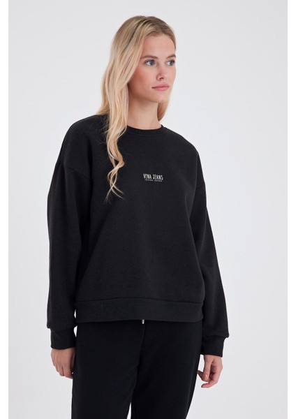 Kadın Cindy Siyah Logo Baskılı Bisiklet Yaka Şardonlu Sweatshirt