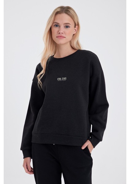Kadın Cindy Siyah Logo Baskılı Bisiklet Yaka Şardonlu Sweatshirt fiyatları