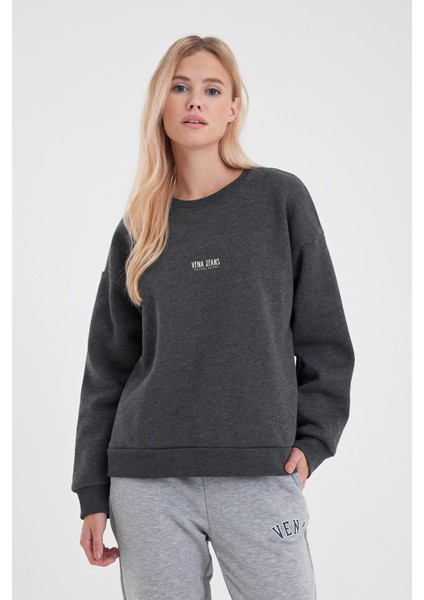 Kadın Cindy Antrasit Logo Baskılı Bisiklet Yaka Şardonlu Sweatshirt