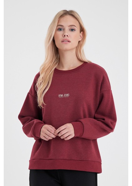 Kadın Cindy Bordo Logo Baskılı Bisiklet Yaka Şardonlu Sweatshirt