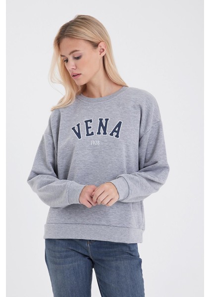 Kadın Bisiklet Yaka Gri Melanj Logo Baskılı Pamuklu Sweatshirt