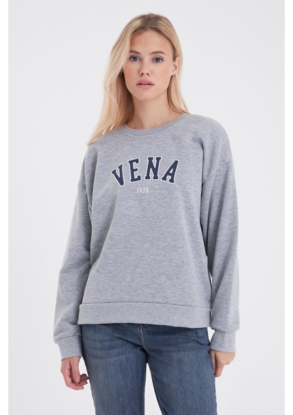 Kadın Bisiklet Yaka Gri Melanj Logo Baskılı Pamuklu Sweatshirt fiyatları