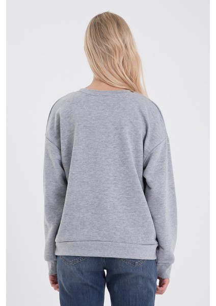 Kadın Bisiklet Yaka Gri Melanj Logo Baskılı Pamuklu Sweatshirt fırsatları