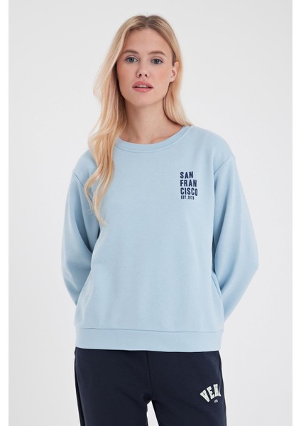 Kadın Göğsü Baskılı Gök Mavisi Basic Sweatshirt