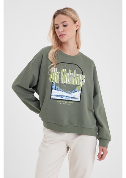 Kadın Holiday Haki Baskılı Sweatshirt