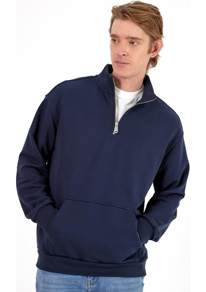 Erkek Bruce Lacivert Dik Yaka Yarım Fermuarlı Sweatshirt