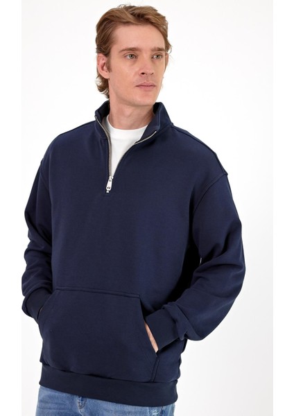 Erkek Bruce Lacivert Dik Yaka Yarım Fermuarlı Sweatshirt modelleri