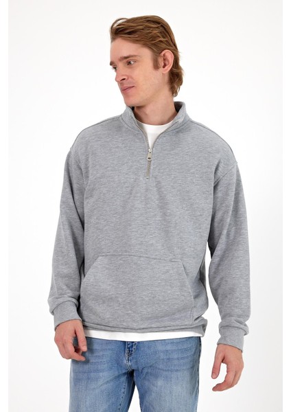 Erkek Bruce Gri Melanj Dik Yaka Yarım Fermuarlı Sweatshirt