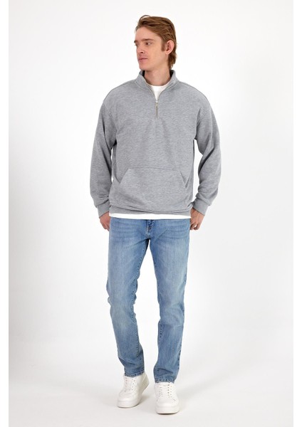 Erkek Bruce Gri Melanj Dik Yaka Yarım Fermuarlı Sweatshirt modelleri