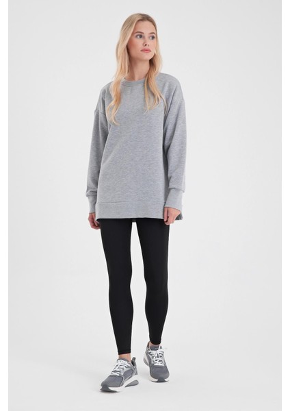 Kadın Bisiklet Yaka Gri Melanj Yanı Yırtmaçlı Regular Fit 3 Iplik Sweatshirt