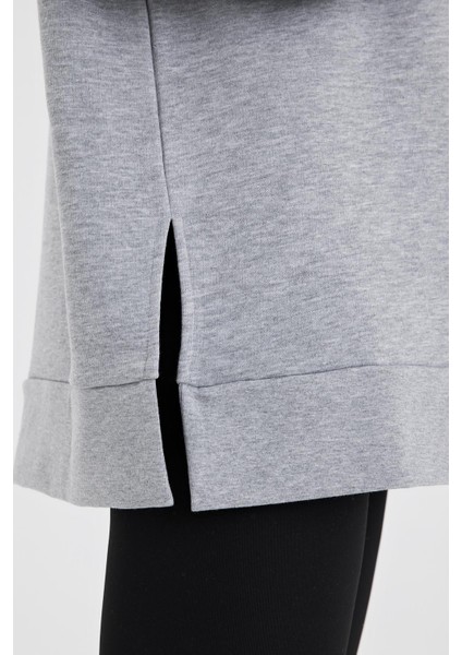 Kadın Bisiklet Yaka Gri Melanj Yanı Yırtmaçlı Regular Fit 3 Iplik Sweatshirt