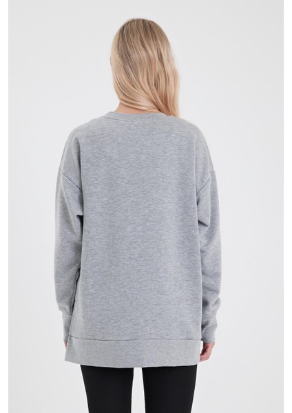 Kadın Bisiklet Yaka Gri Melanj Yanı Yırtmaçlı Regular Fit 3 Iplik Sweatshirt