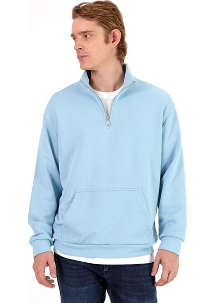 Erkek Bruce Gök Mavisi Dik Yaka Yarım Fermuarlı Sweatshirt