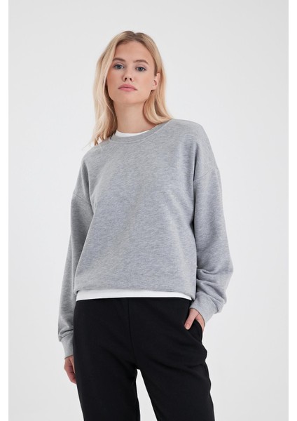 Kadın Rhona Gri Melanj Bisiklet Yaka Regular Fit 3 Iplik Sweatshirt