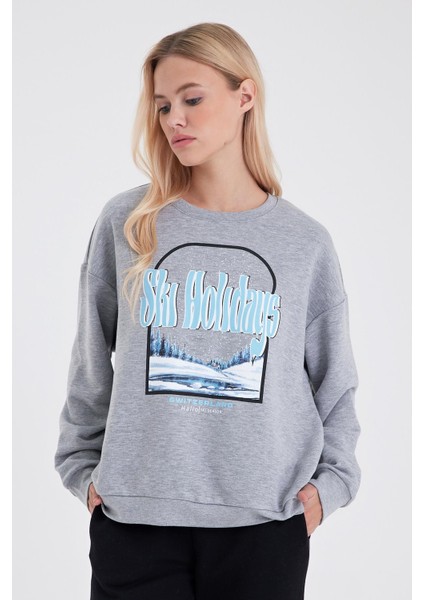 Kadın Holiday Gri Melanj Baskılı Sweatshirt