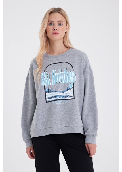Kadın Holiday Gri Melanj Baskılı Sweatshirt