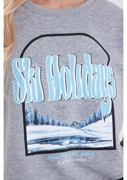 Kadın Holiday Gri Melanj Baskılı Sweatshirt