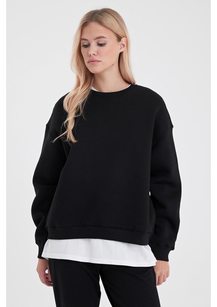 Kadın Rhona Siyah Bisiklet Yaka Regular Fit 3 Iplik Sweatshirt