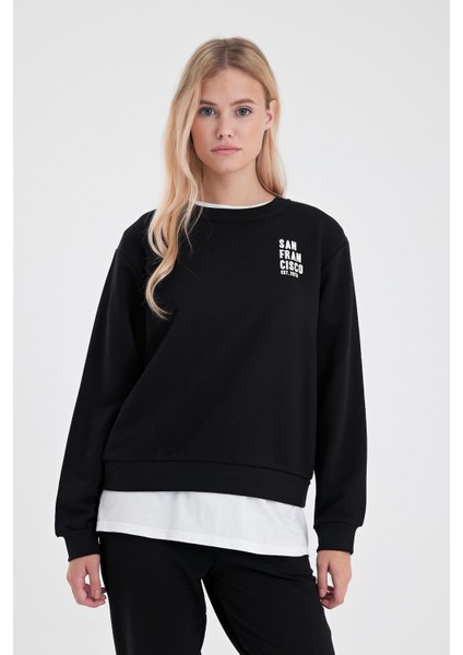 Kadın Göğsü Baskılı Siyah Basic Sweatshirt