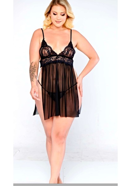 Özel Dantel Işlemeli Transparan Siyah Büyük Beden Derin Yırtmaçlı Kadın Gecelik