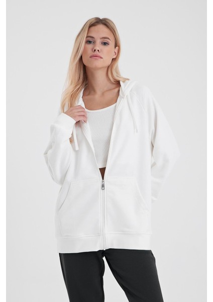 Kadın Grace Fildişi Kapüşonlu Fermuarlı Regular Fit Basic Sweatshirt