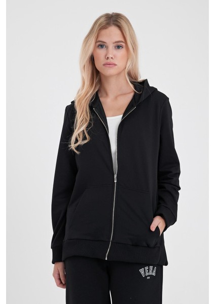 Kadın Gwen Siyah Yanı Yırtmaçlı Fermuarlı Sweatshirt