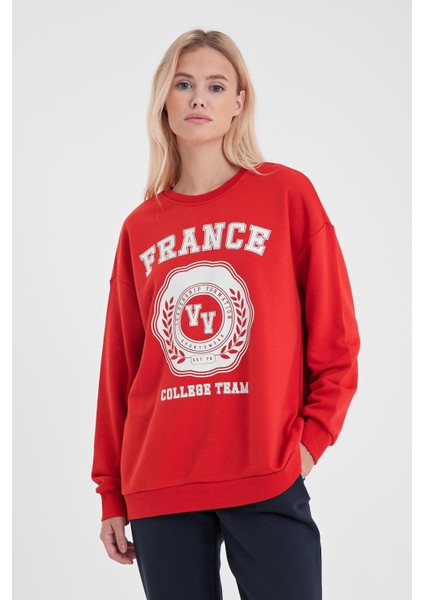 Kadın College Kırmızı Baskılı Sweatshirt