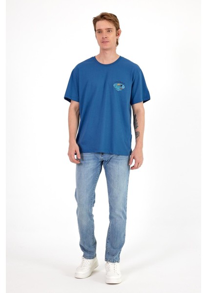 Erkek Beach Baskılı Navy Bisiklet Yaka Regular Fit Tişört