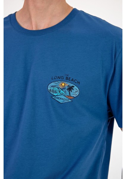 Erkek Beach Baskılı Navy Bisiklet Yaka Regular Fit Tişört modelleri