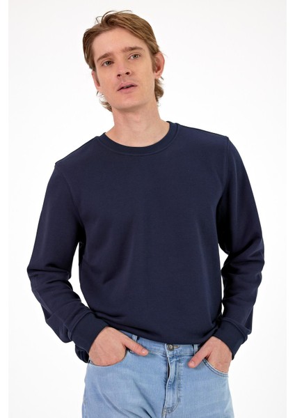 Erkek Rich Lacivert Melanj Bisiklet Yaka Regular Fit 3 Iplik Sweatshirt
