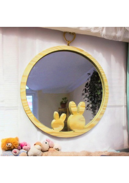 Ahşap Kırılmaz Çerçeve Çocuk Odası Dekoratif Tavşanlı Ayna 35 cm