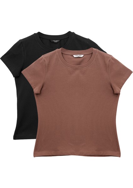 Kadın Rachel Bisiklet Yaka 2'li Paket Slim Fit Basic Tişört Siyah / Vizon