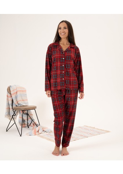Kareli Desen Önden Düğmeli Süet Kadın Pijama Takım
