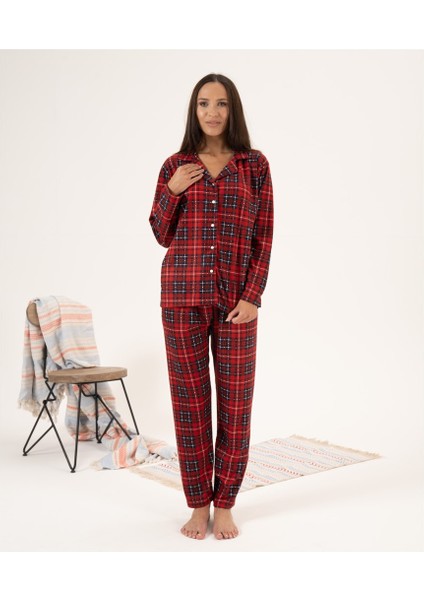 Kareli Desen Önden Düğmeli Süet Kadın Pijama Takım modelleri