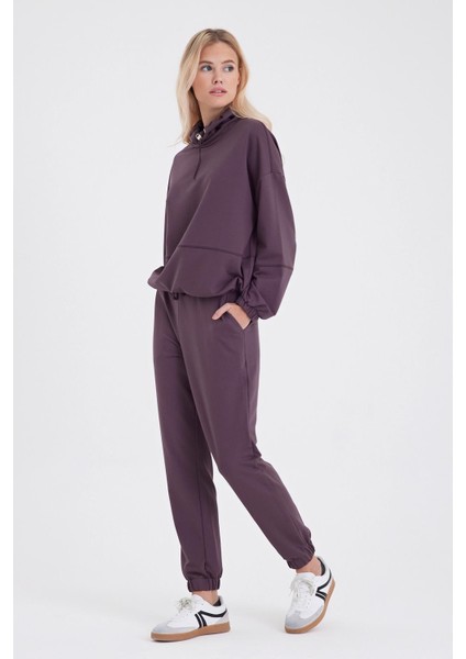 Kadın Paçası Lastikli Mor Slim Straight Eşofman Altı