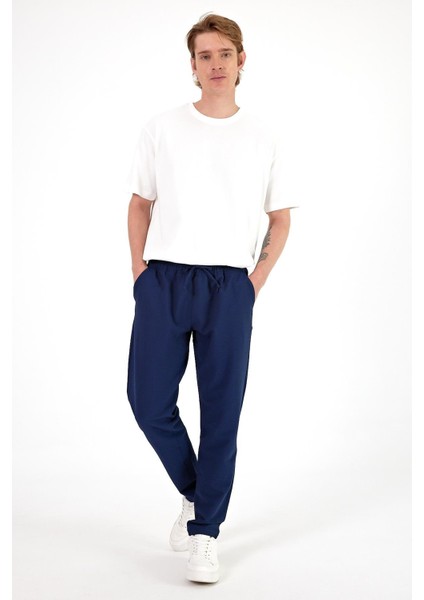 Erkek Alfred Navy Beli Lastikli Slim Straight Gofre Pantolon
