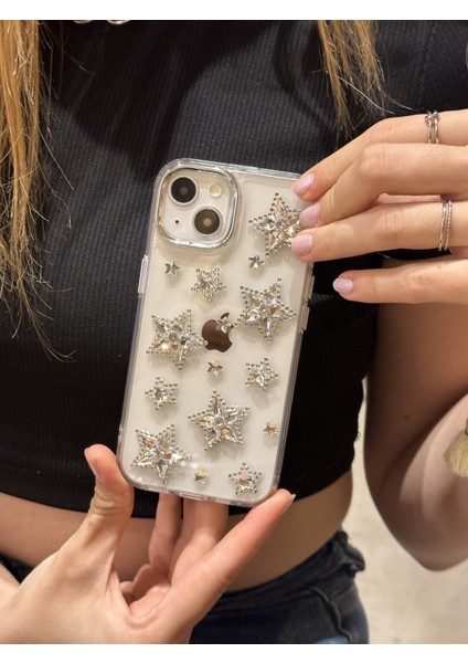 iPhone 15 Uyumlu Gümüş Kristal Taşlı Yıldızlı Şeffaf Kılıf