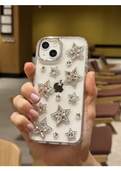 iPhone 14 Plus Uyumlu Gümüş Kristal Taşlı Yıldızlı Şeffaf Kılıf