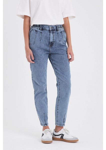 Kadın Norah Med Blue Beli Lastikli Yıpratmalı Jean Pantolon