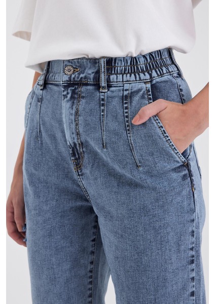 Kadın Norah Med Blue Beli Lastikli Yıpratmalı Jean Pantolon modelleri