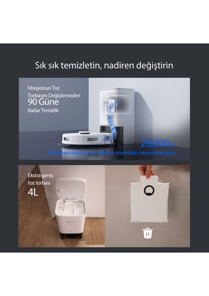 RE4 Plus Akıllı Robot Süpürge, Paspas ve Süpürme, Otomatik Toz Boşaltma, Extra Büyük 4Lt Toz Torbası, Halı Tanıma (Ezviz Türkiye Garantili)