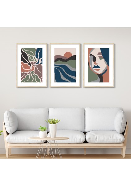 Iskandinav Tarzı Soyut Minimalist Duvar Sanatı - Lamine Çerçeveli 3'lü Tablo Seti