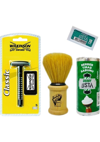 Wilkinson Sword Classic Tıraş Makinesi - Rodeo Tıraş Fırçası 601 - Derby Tıraş Sabunu - Tıraş Bıçağı Set