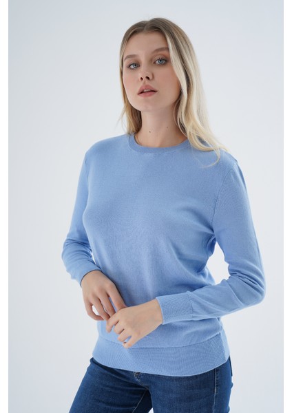 Kadın Mavi %100 Organik Pamuk Bisiklet Yaka Triko Kazak TRIST-6101 modelleri