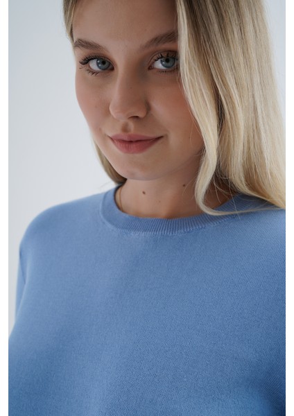 Kadın Mavi %100 Organik Pamuk Bisiklet Yaka Triko Kazak TRIST-6101 fırsatları