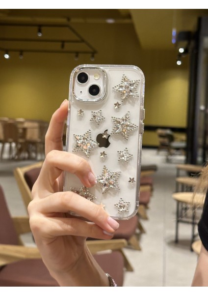 iPhone 15 Plus Uyumlu Gümüş Kristal Taşlı Yıldızlı Şeffaf Kılıf
