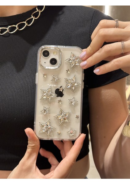 iPhone 15 Plus Uyumlu Gümüş Kristal Taşlı Yıldızlı Şeffaf Kılıf
